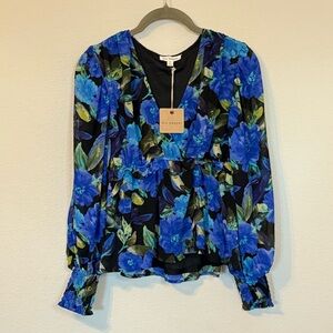 Blu Pepper NEW Blue Floral Long Sleeve Cute Blouse Top- Size Small